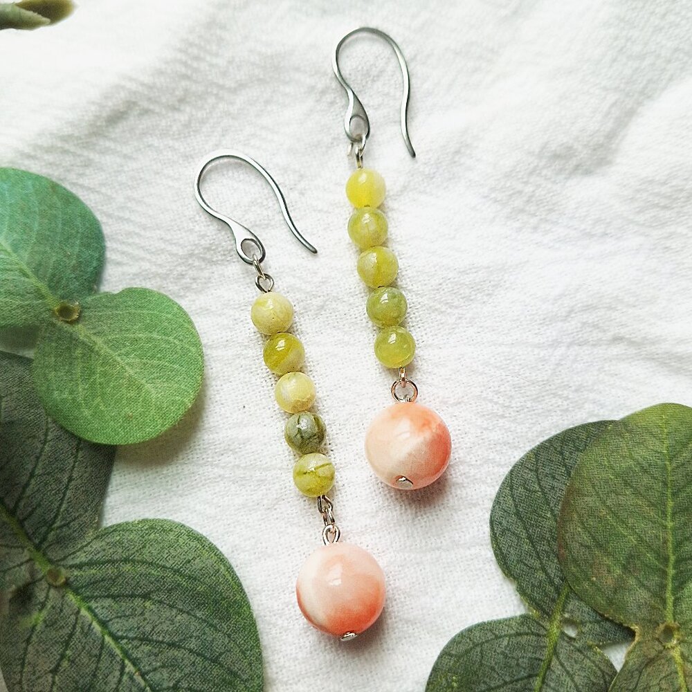 Boho Gemstone Dangle Earrings – Handmade Jewelry, Green & Pink Chalcedony